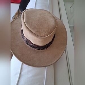 Tan Suede Cowboy Hat with Brown Band.  Removable Scarf...